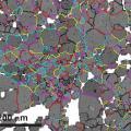 EBSD grain boundary map.  Il mismatch cristallografico tra granuli aumenta con la tonalità dei colori dei limiti granulari.